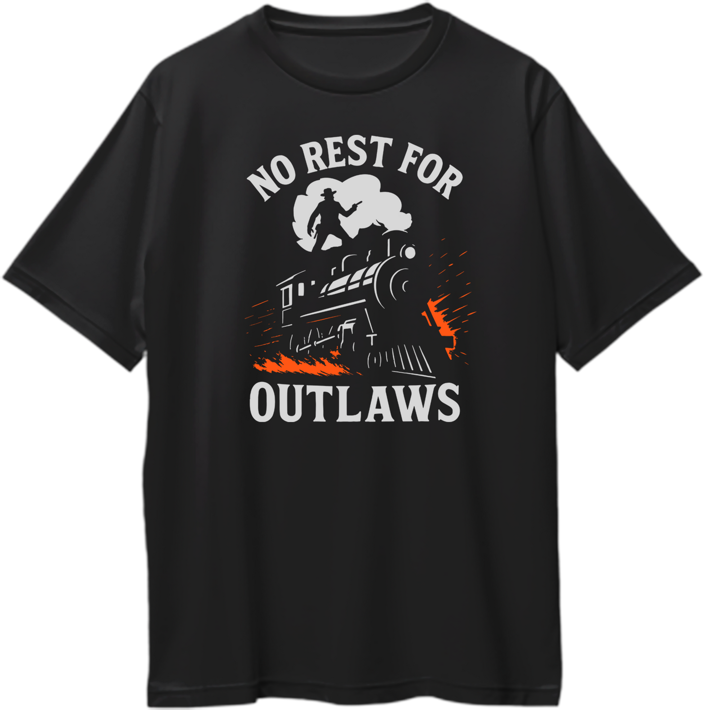 Black oversized unisex T-shirt with a silhouette of a cowboy on a speeding train and text “No Rest for Outlaws,” inspired by Red Dead Redemption 2 – Garrari Brand.