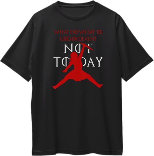 Oversized unisex t-shirt featuring Arya Stark's iconic quote 'What do we say to the God of Death?' from Game of Thrones."