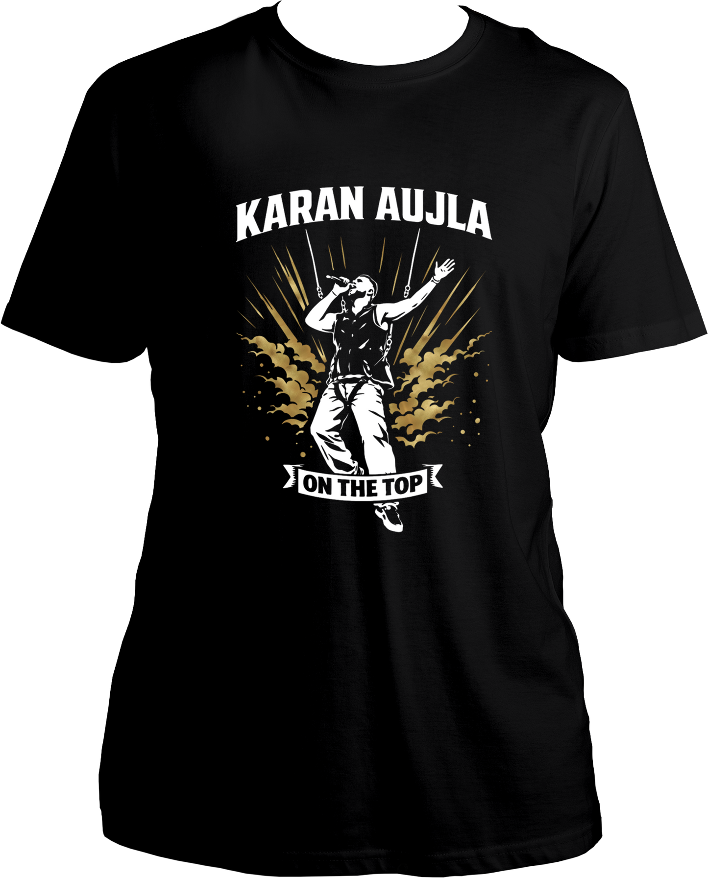 On The Top Karan Aujla unisex black t-shirt with metallic gold concert graphic