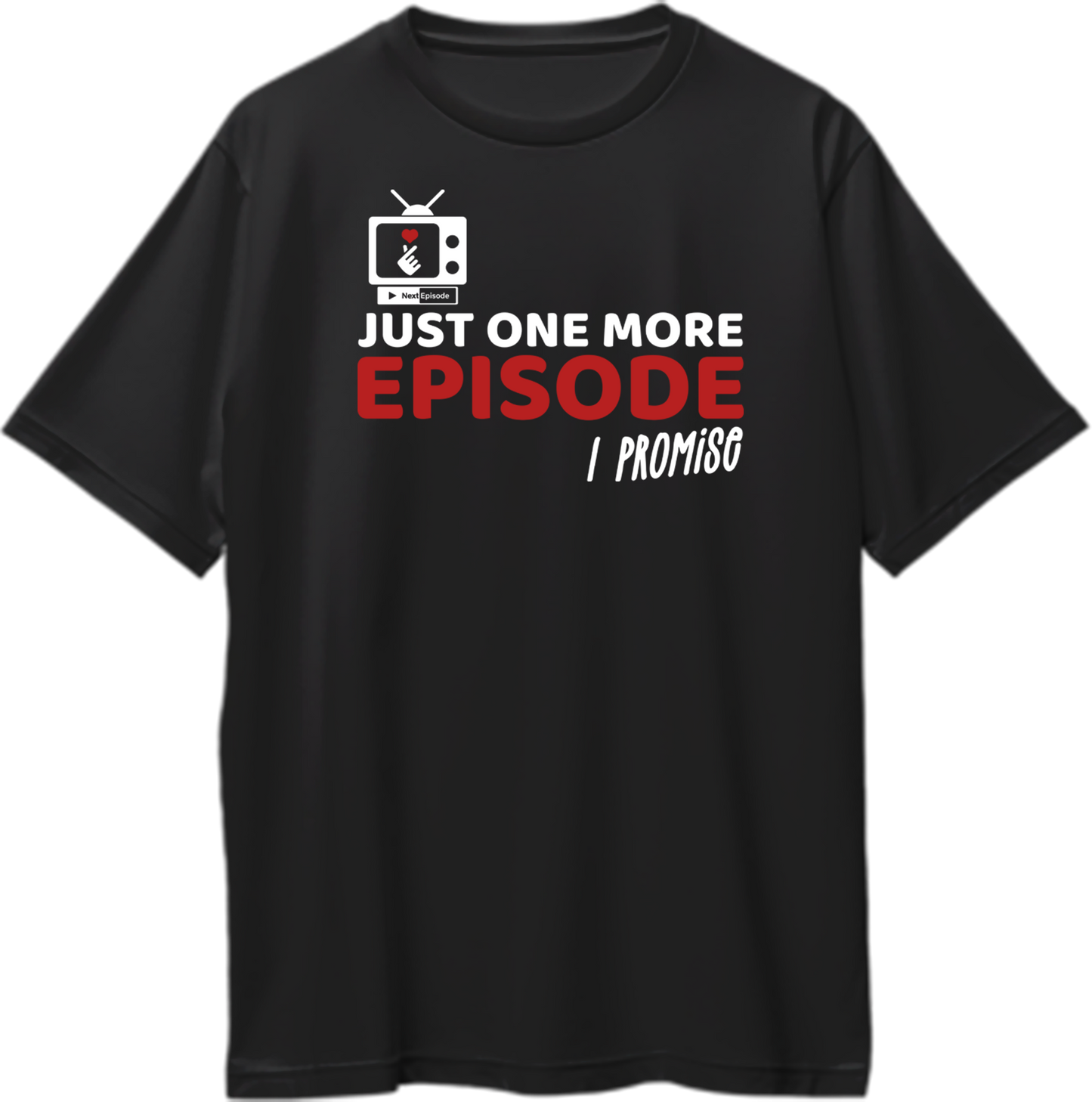 Oversized unisex t-shirt featuring 'Just One More Episode' slogan for K-drama fans.