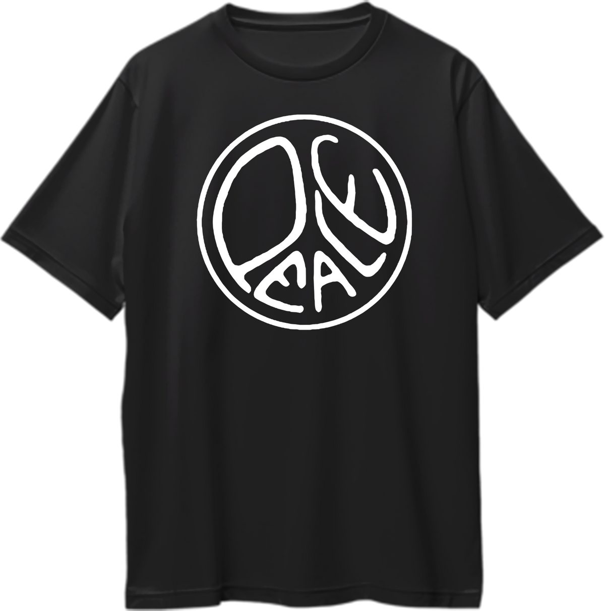 Black Peace Oversized T-Shirt featuring a white hand-drawn circular peace graphic