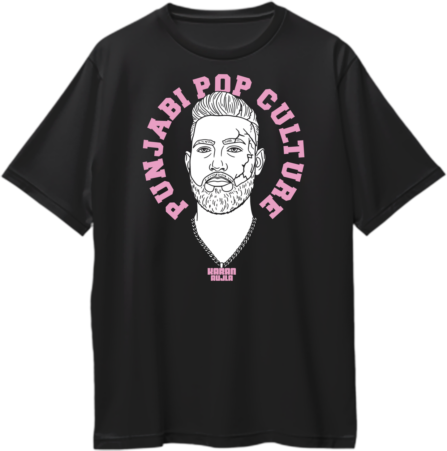 Oversized black t-shirt featuring pink ‘Punjabi Pop Culture’ text and a line-art portrait inspired by Karan Aujla.