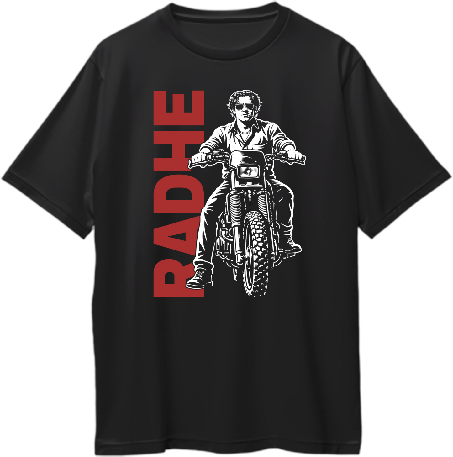 Radhe Tere Naam oversized black t-shirt with motorcycle graphic