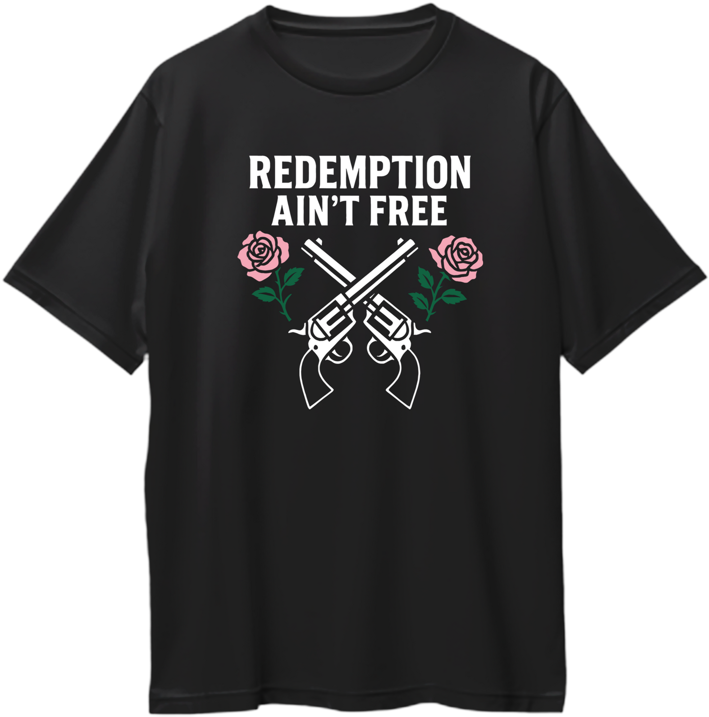 Black oversized unisex t-shirt featuring crossed revolvers and pink roses with text “Redemption Ain’t Free” inspired by Red Dead Redemption 2 – Garrari Brand.