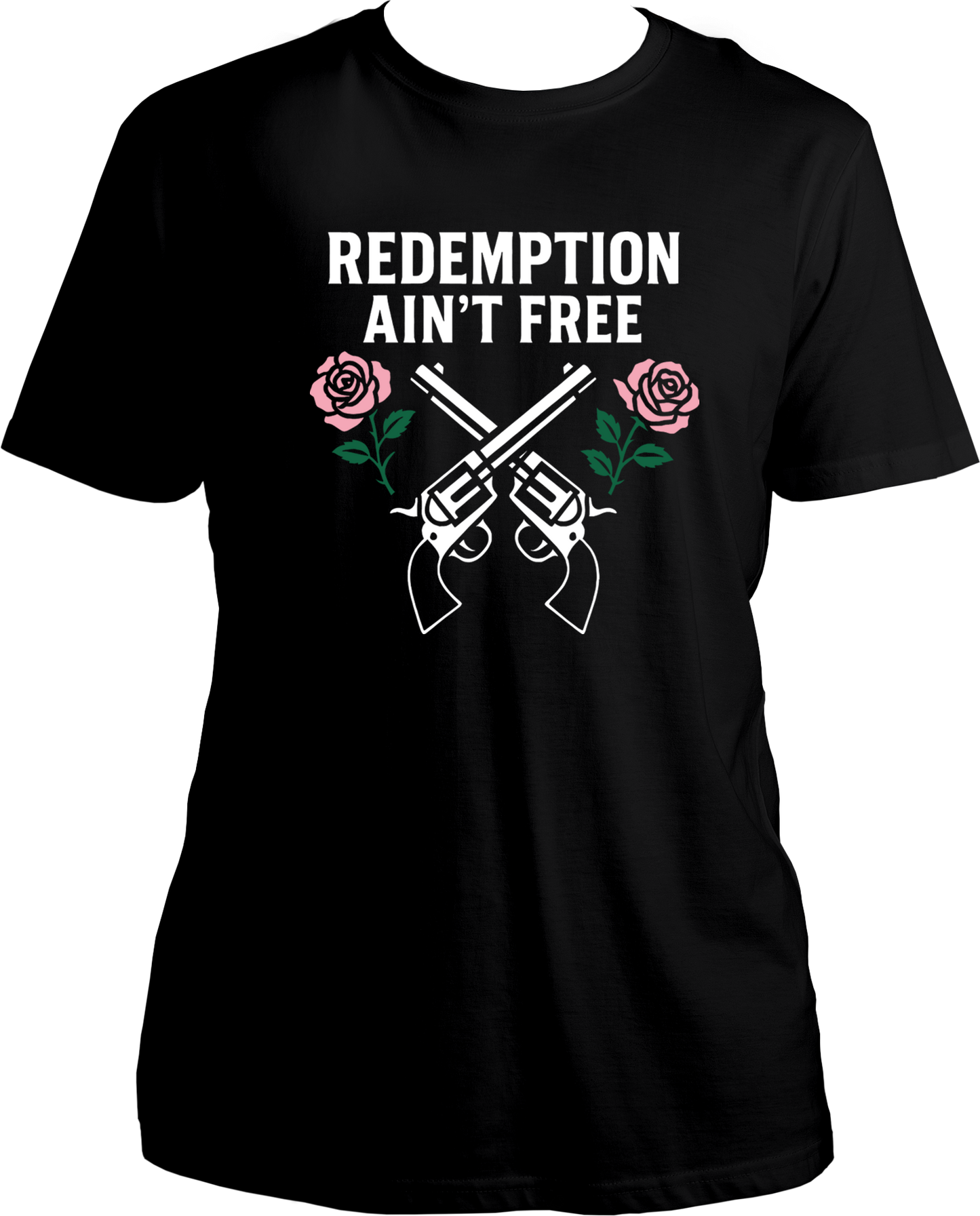 unisex t-shirt featuring crossed revolvers and roses with text “Redemption Ain’t Free” inspired by Red Dead Redemption 2 – Garrari Brand.