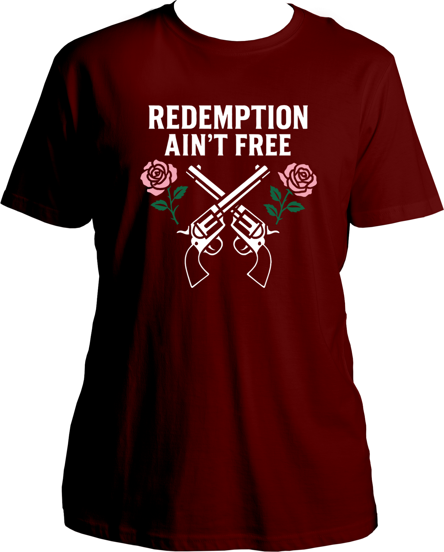 unisex t-shirt featuring crossed revolvers and roses with text “Redemption Ain’t Free” inspired by Red Dead Redemption 2 – Garrari Brand.