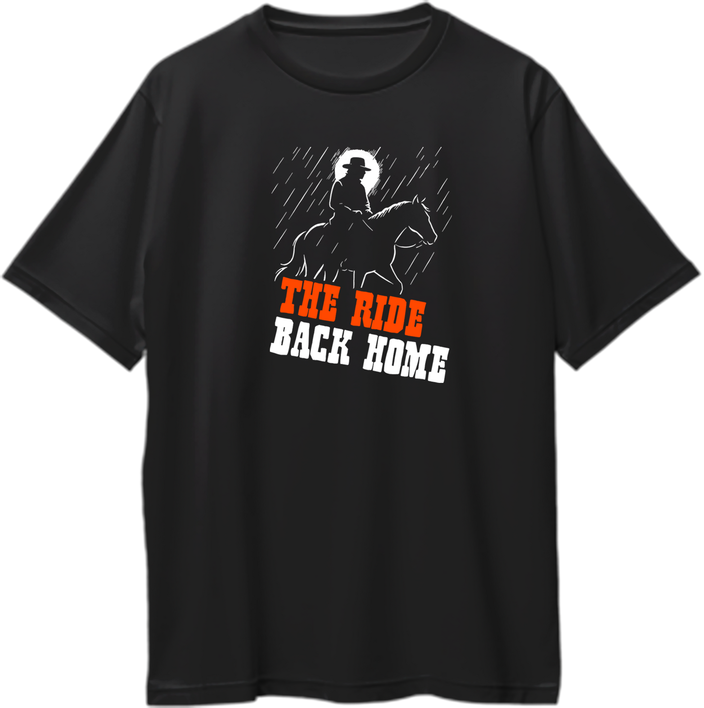 Black oversized unisex t-shirt featuring a silhouette of a cowboy on horseback in the rain with text “The Ride Back Home” inspired by Red Dead Redemption 2 – Garrari Brand.