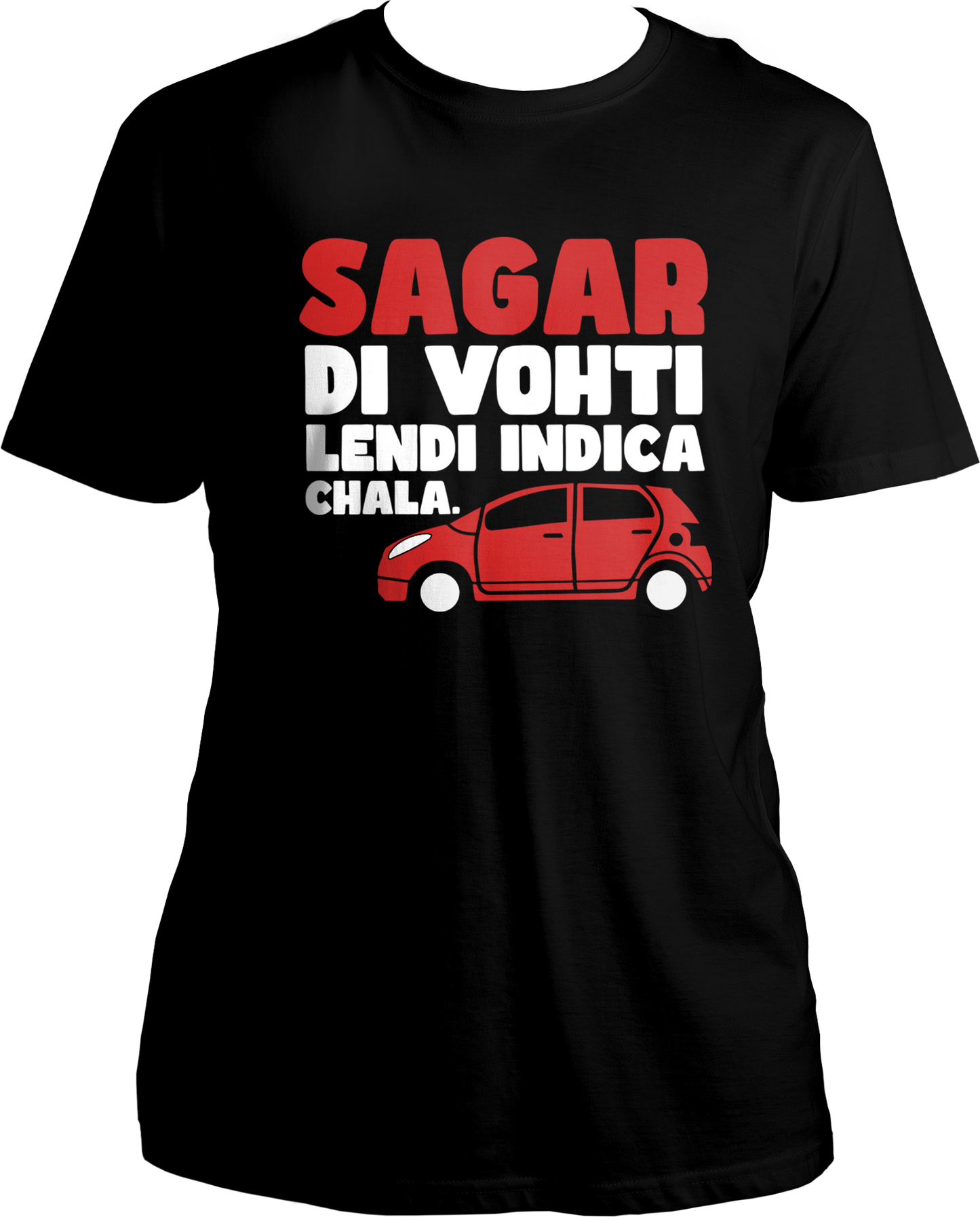 Welcome to our Funky Punjabi T-Shirts collection, where humor meets style! Introducing our unisex cotton t-shirt featuring the hilarious print "Sagar Di Vohti Lendi Indica Chala" from the viral reel song that's taking the internet by storm. π