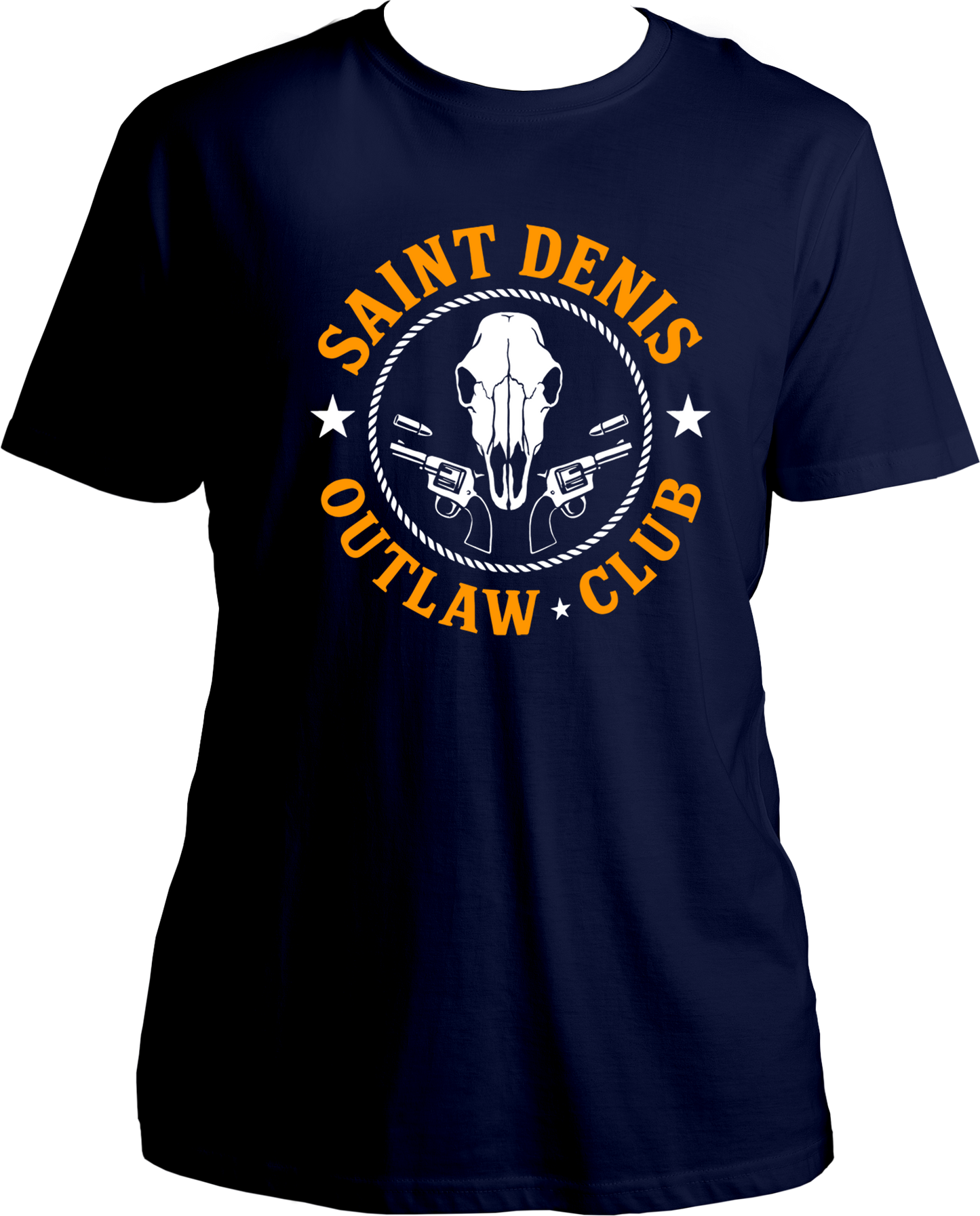 unisex t-shirt featuring skull and revolver “Saint Denis Outlaw Club” western emblem inspired by Red Dead Redemption 2 – Garrari Brand.