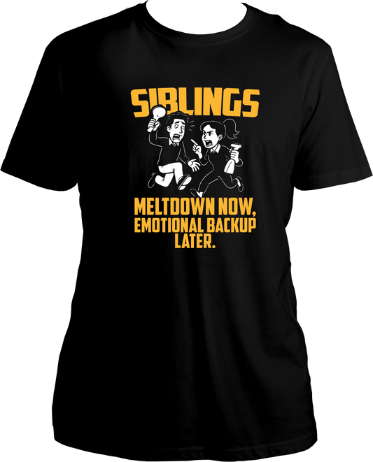 Black unisex sibling t-shirt featuring cartoon siblings in panic with the quote 'Meltdown Now, Emotional Backup Later' – perfect Rakhi or Bhai Dooj gift