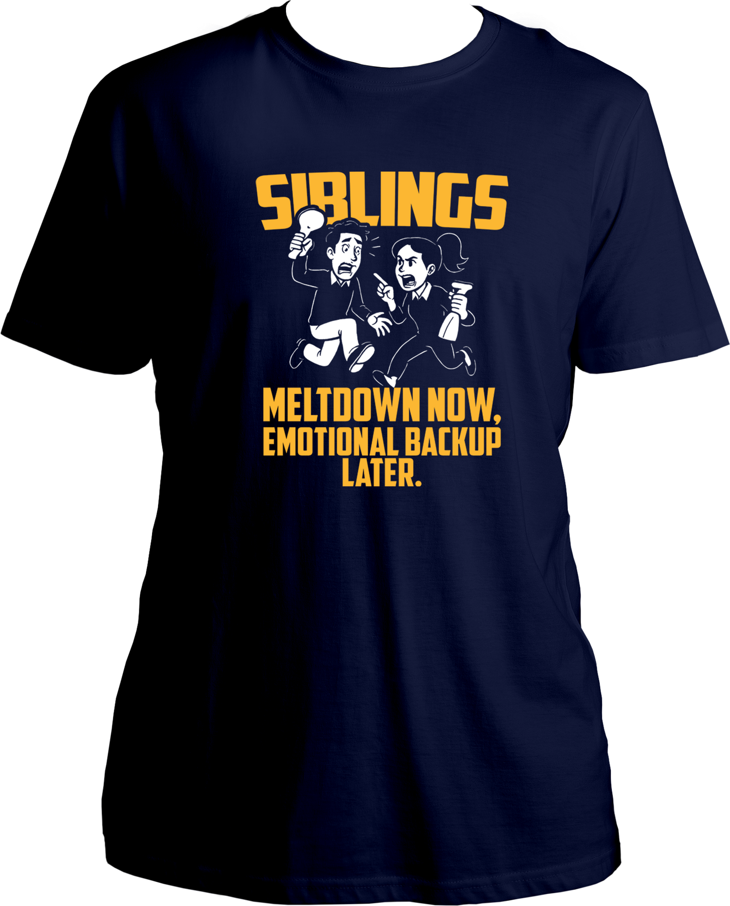 Black unisex sibling t-shirt featuring cartoon siblings in panic with the quote 'Meltdown Now, Emotional Backup Later' – perfect Rakhi or Bhai Dooj gift