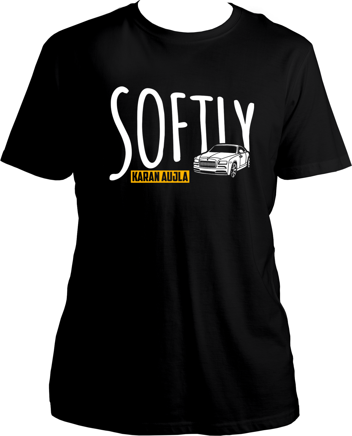 Front view of the Softly Karan Aujla Unisex T-Shirt, featuring bold text inspired by the hit track Softly from the album Making Memories