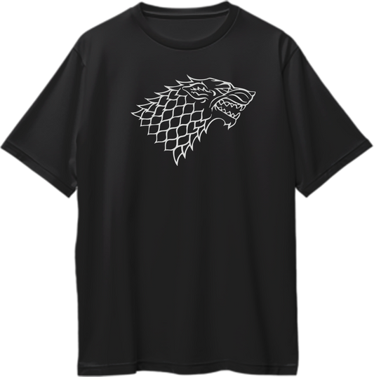 Oversized unisex t-shirt featuring the direwolf sigil of House Stark from Game of Thrones and House of the Dragon