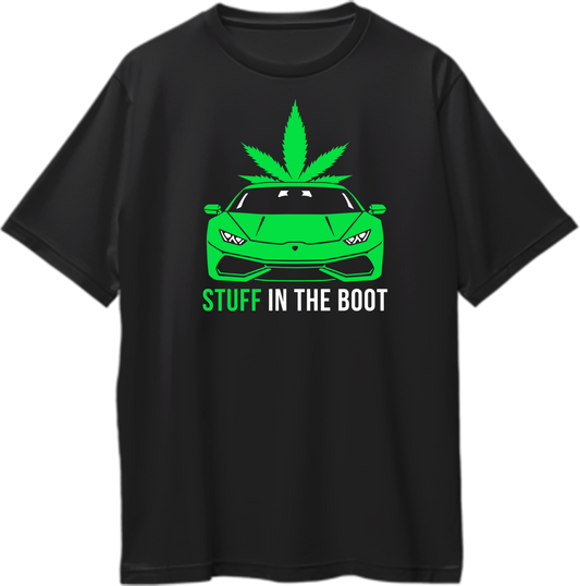Oversized unisex t-shirt with a design inspired by 'Stuff In The Boot' scene featuring the green Lamborghini from The Gentlemen