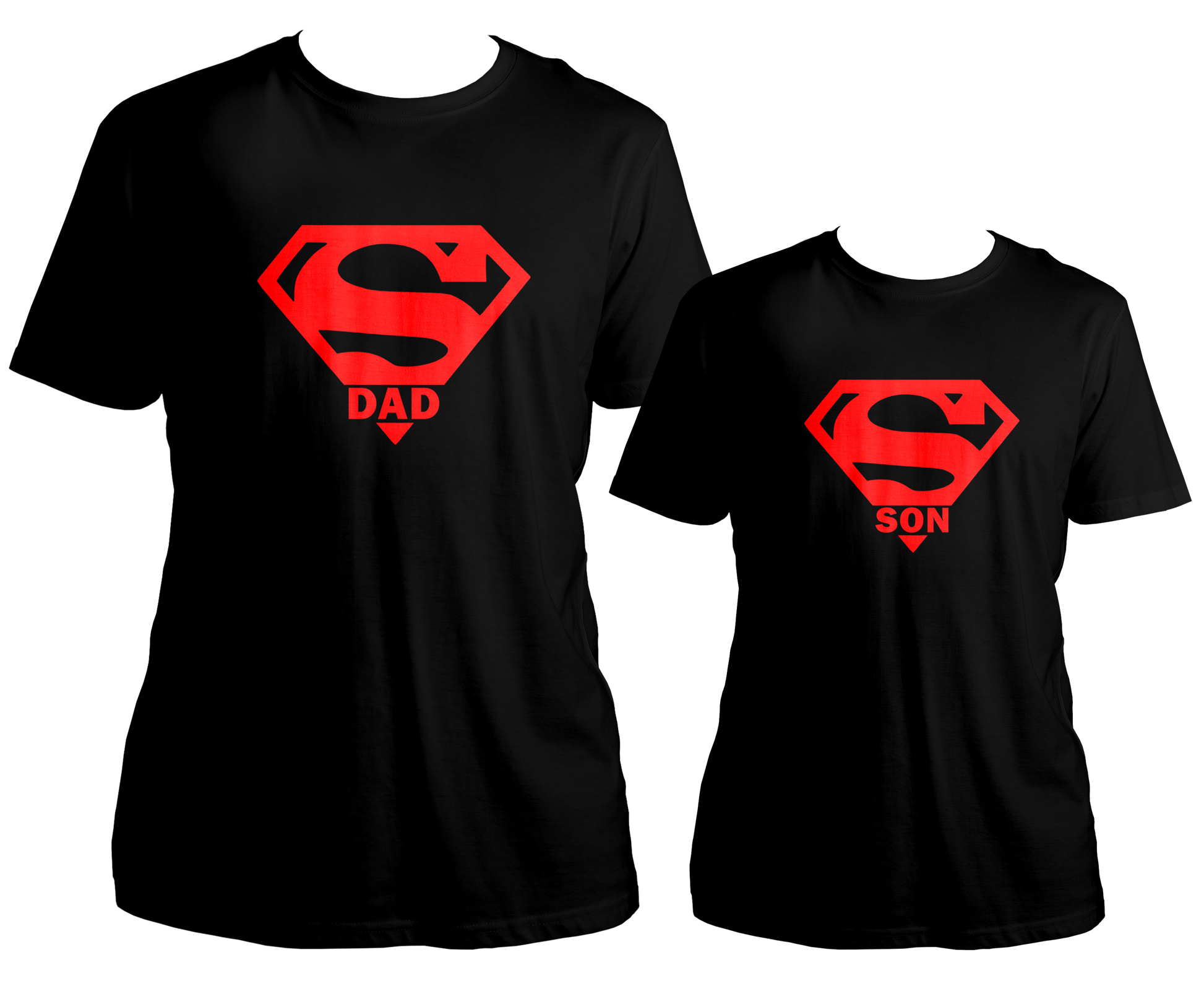 Presenting the Super Dad Super Son Unisex T-Shirt Combo, a dynamic duo just like Batman and Robin or Superman and Superboy! This set includes one round neck cotton t-shirt for an adult and one for a child. Featuring "Super Dad" on the adult t-shirt and "Super Son" on the kid's t-shirt, these matching tees are perfect for showcasing the superhero bond between father and son.
