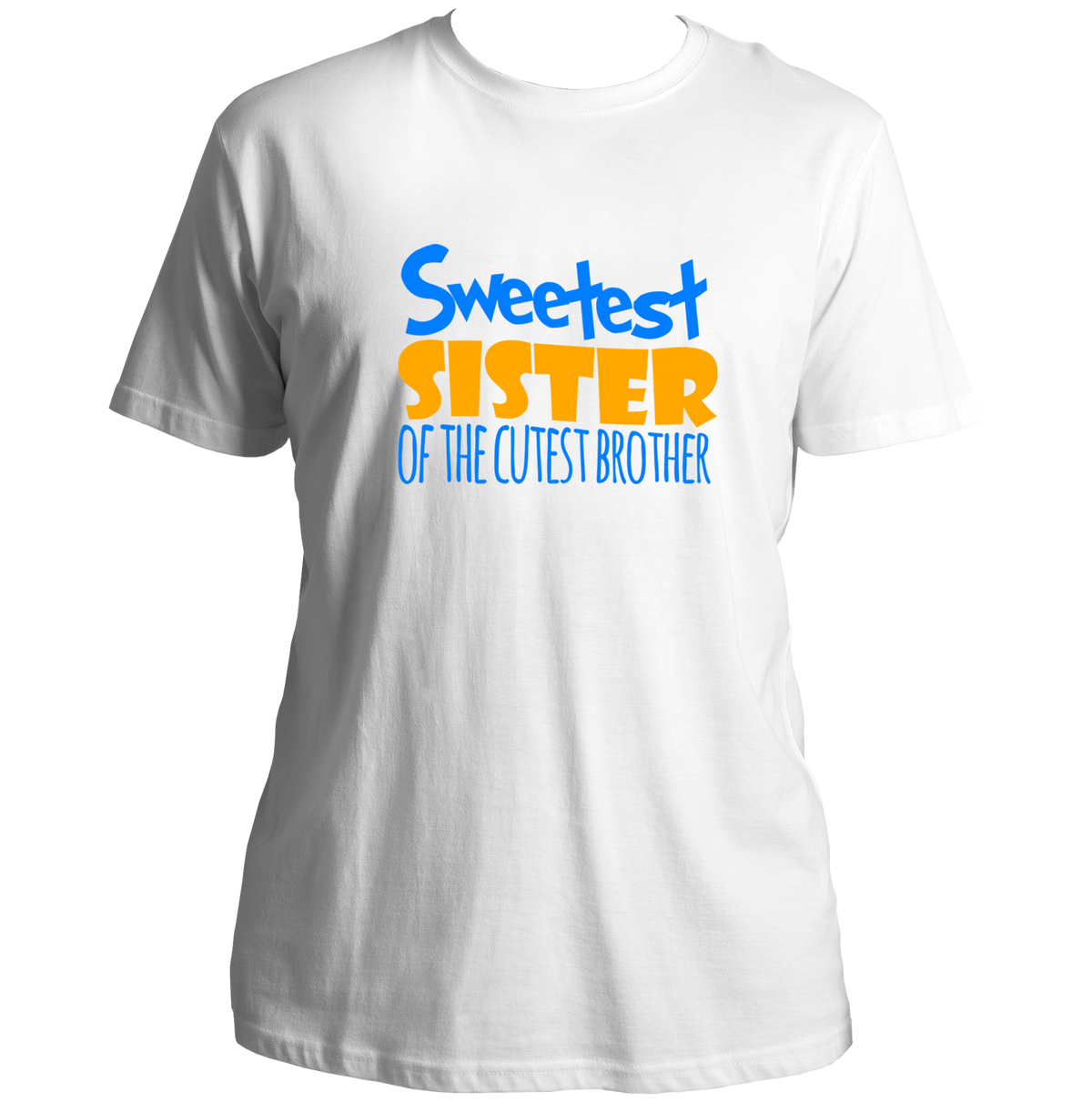 White Sweetest Sister Of The Cutest Brother Unisex T-Shirt by Garrari with blue and yellow sister typography graphic