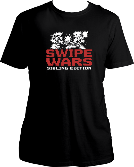 regular fit t-shirt with Swipe Wars Sibling Edition graphic showing cartoon siblings fighting over pizza in a retro pixel design