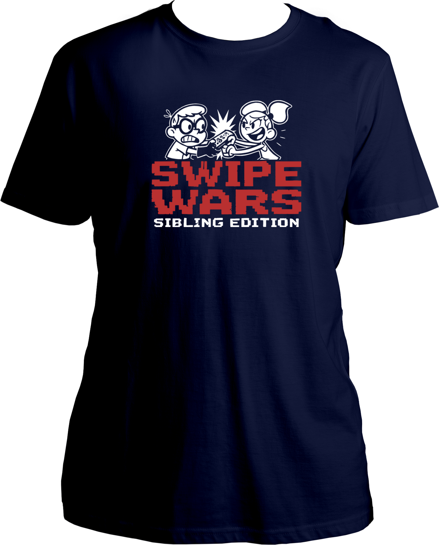 regular fit t-shirt with Swipe Wars Sibling Edition graphic showing cartoon siblings fighting over pizza in a retro pixel design