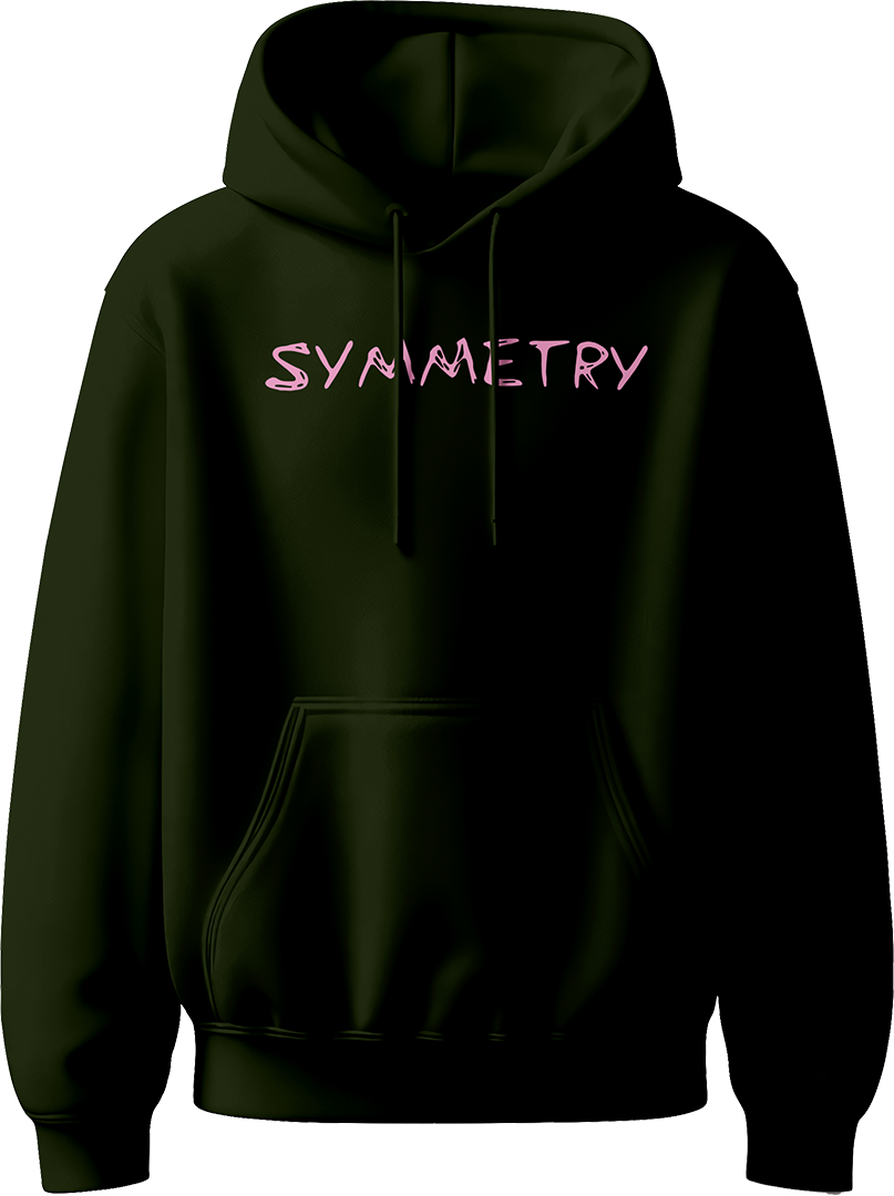 hoodie with pink “Symmetry” text inspired by Karan Aujla.