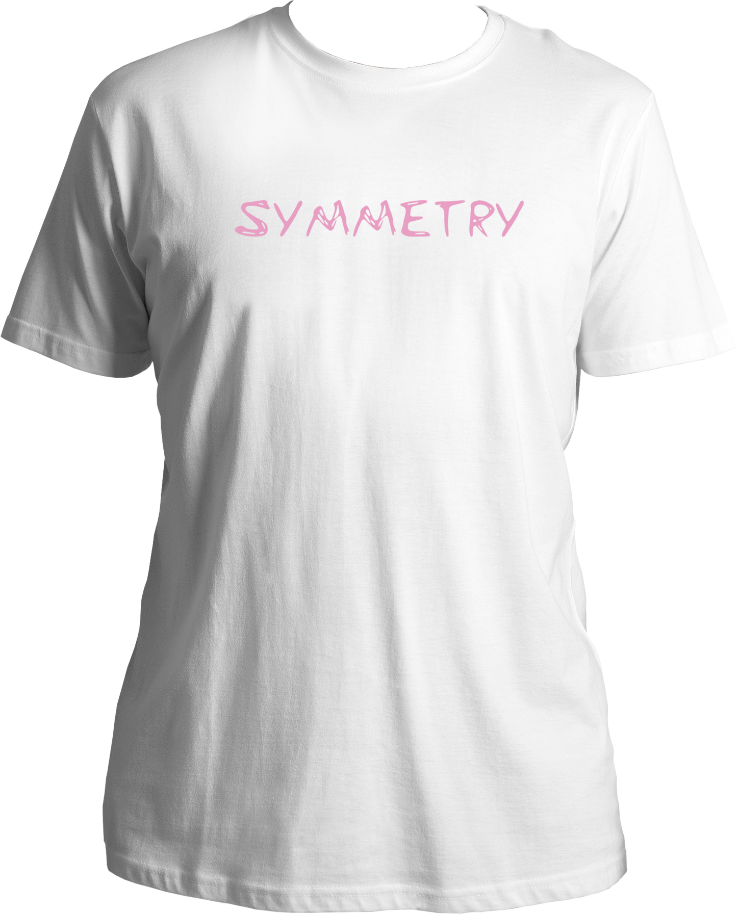 T-shirt with pink “Symmetry” text in a minimal Karan Aujla–inspired design.