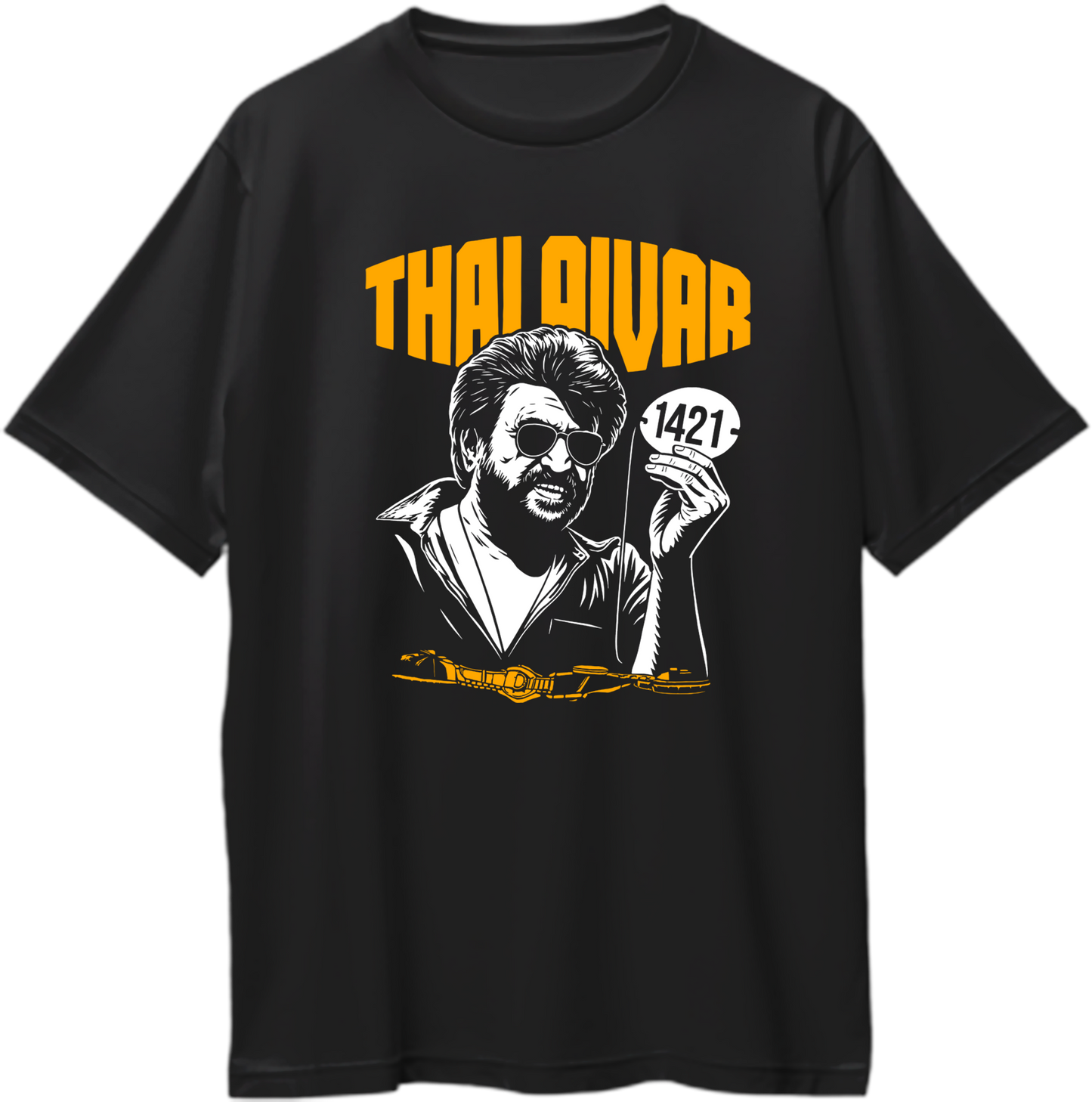 Thalaivar oversized unisex t-shirt with Coolie 1421 graphic, bold THALAIVAR text, premium black cotton streetwear tee