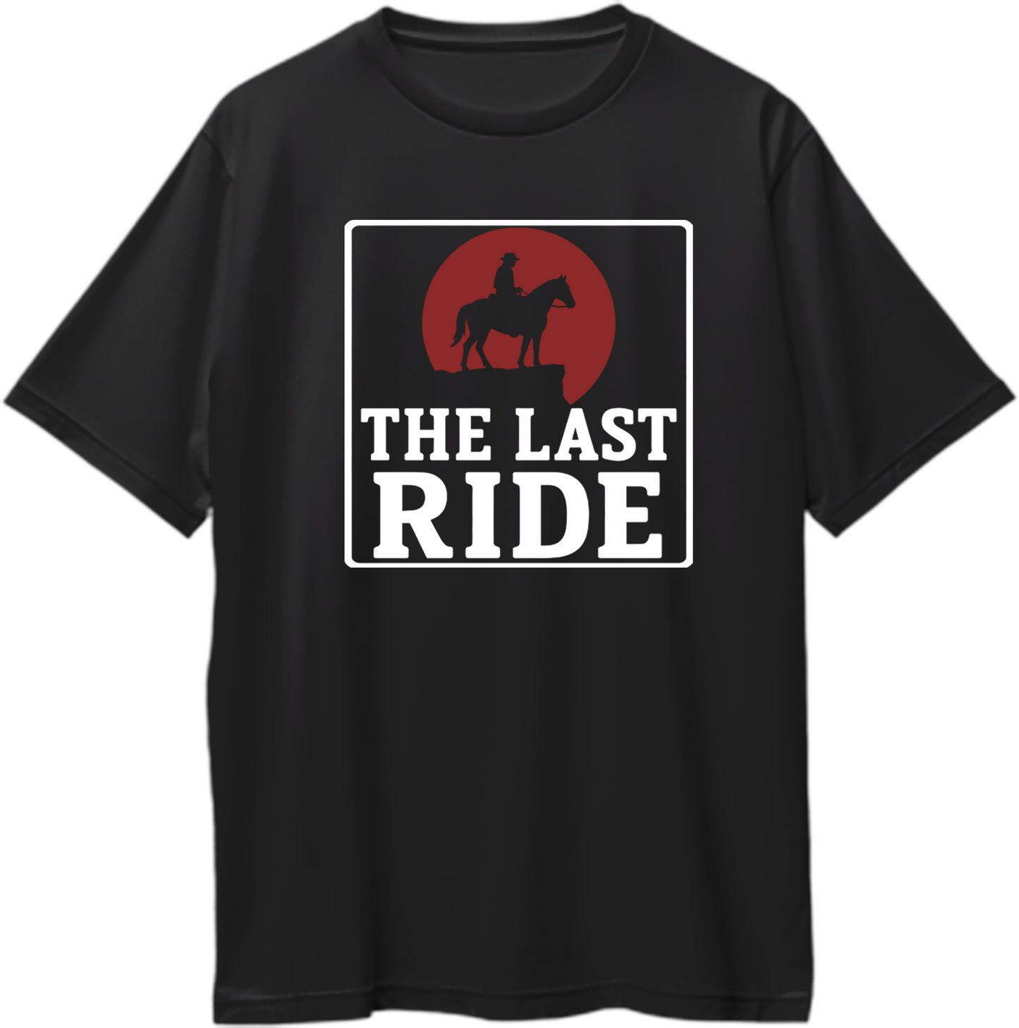 Black oversized unisex t-shirt featuring Red Dead Redemption 2 inspired design of a cowboy on horseback against red sun with text “The Last Ride” – Garrari Brand.