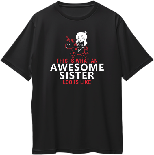 Awesome Sister Oversized T-Shirt Black – Front View with Unicorn Graphic