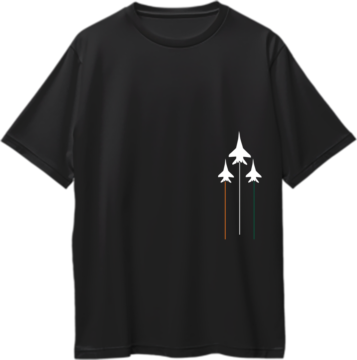 Tri Color Oversized T-Shirt with Tiranga-inspired aircraft graphic and saffron white green trails