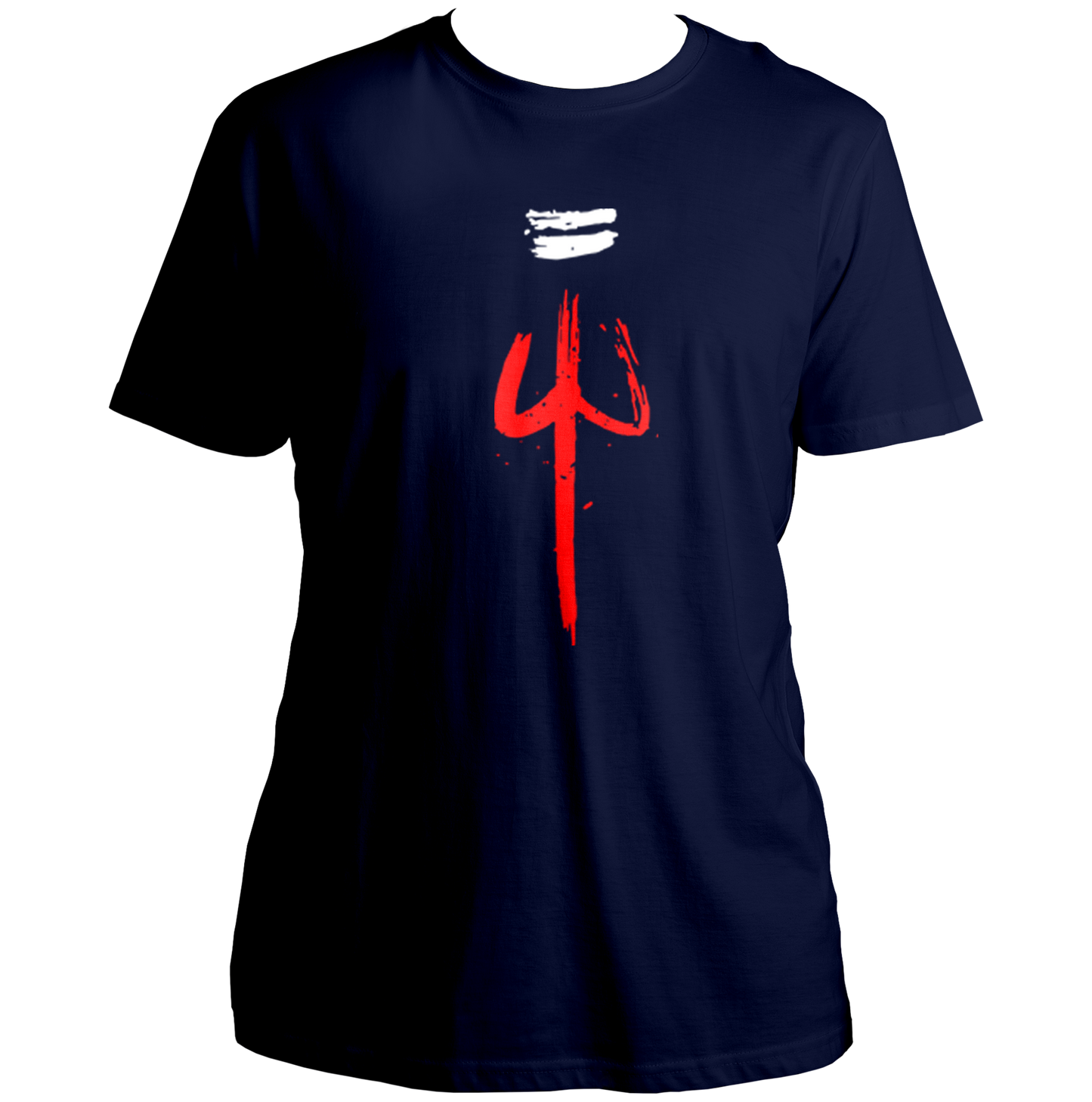 Navy Blue The Trishula T-shirt with red trishul and tripund tilak artwork by Garrari