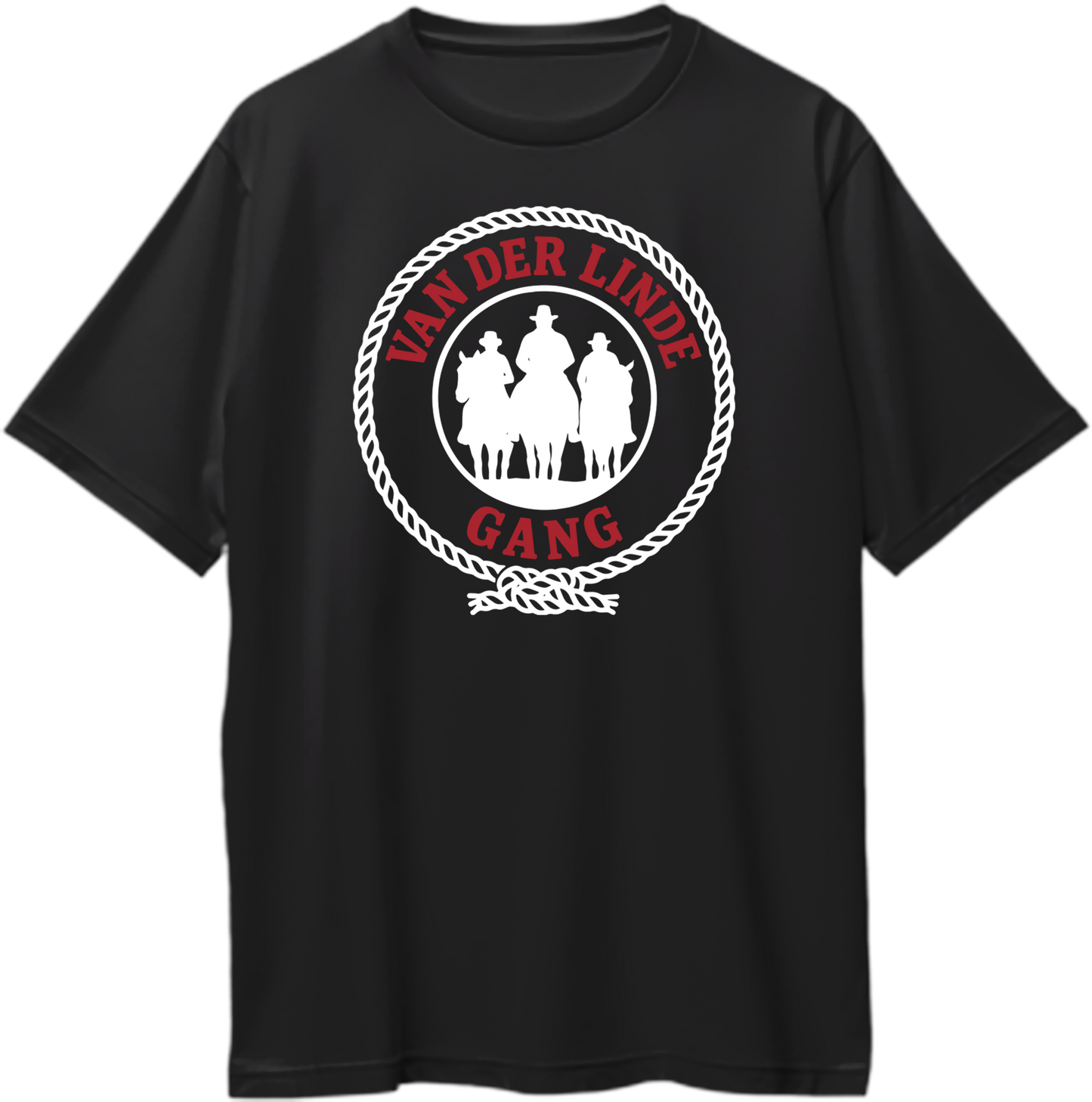 Black oversized unisex t-shirt with Van der Linde Gang rope emblem and three cowboy riders, inspired by Red Dead Redemption 2 – Garrari Brand.