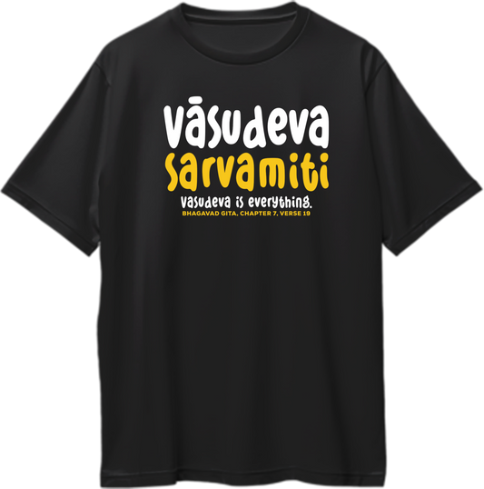 Vasudeva Is Everything oversized unisex t-shirt featuring Bhagavad Gita verse, perfect for devotees of Shri Krishna and Bhagavad Gita lovers.
