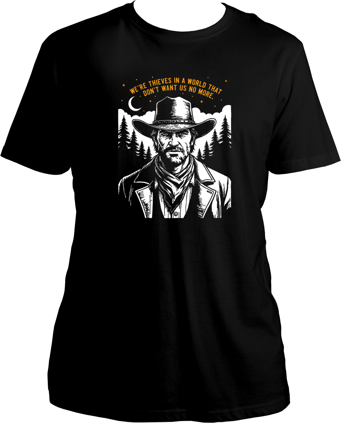 Black unisex cotton t-shirt featuring Arthur Morgan with quote “We’re thieves in a world that don’t want us no more.” inspired by Red Dead Redemption 2 – Garrari Brand.