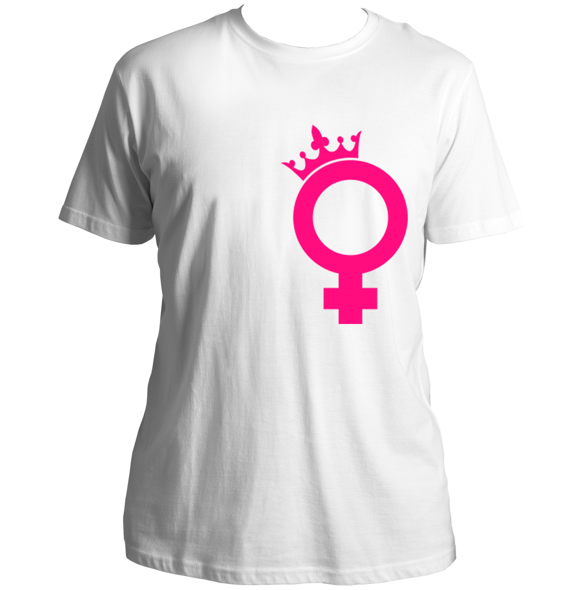 White We Are Queens Unisex T-Shirt with crowned female symbol design
