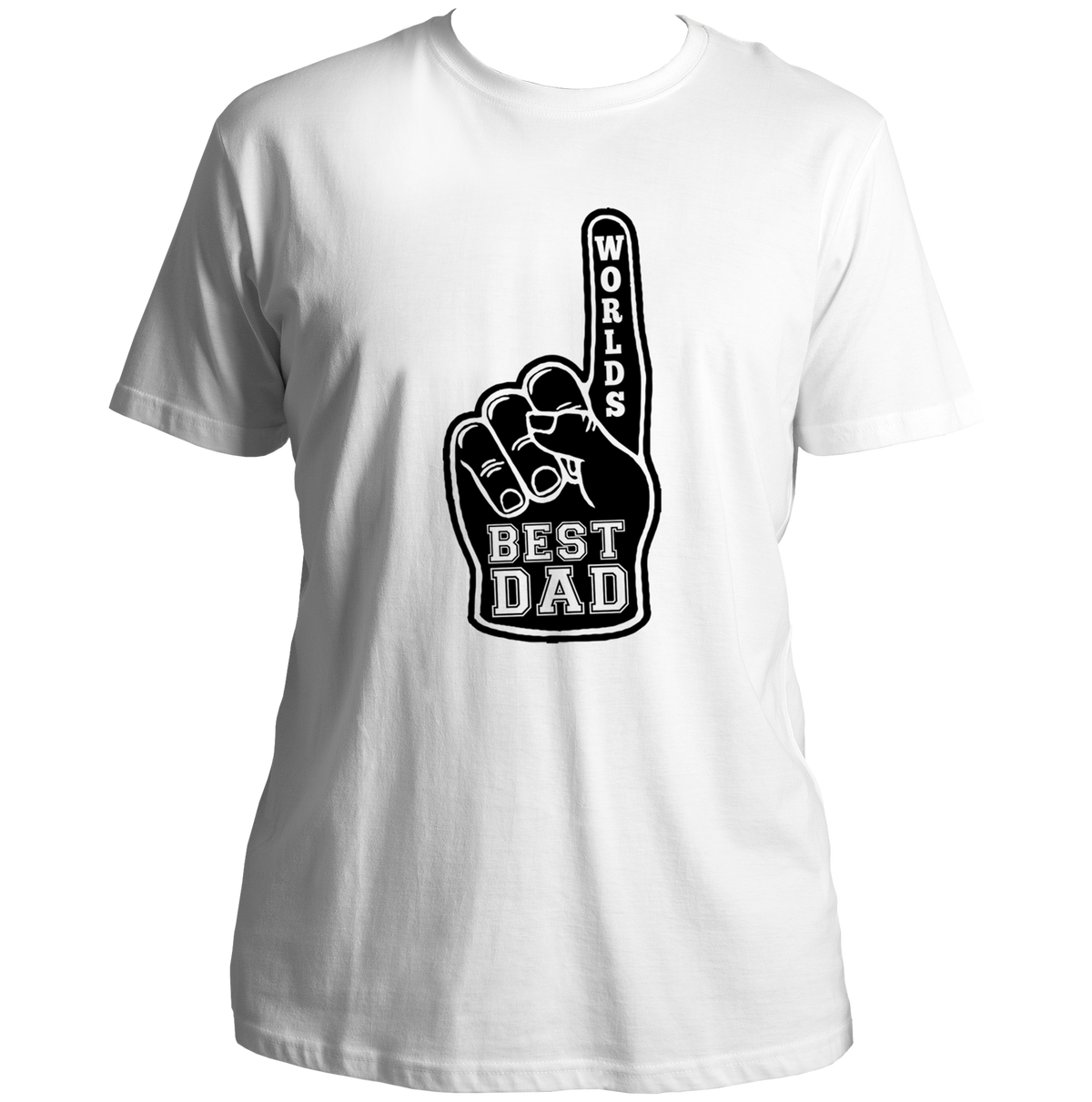 White World’s Best Dad Unisex T-Shirt by Garrari with dark foam finger Best Dad design