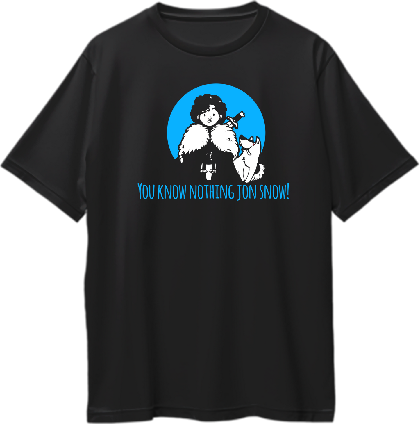 Oversized unisex t-shirt featuring confused chibi Jon Snow and hyper chibi Ghost with the quote 'You Know Nothing Jon Snow' from Game of Thrones