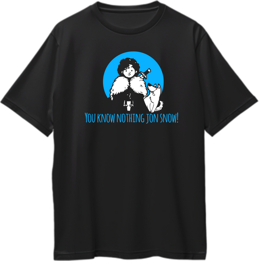 Oversized unisex t-shirt featuring confused chibi Jon Snow and hyper chibi Ghost with the quote 'You Know Nothing Jon Snow' from Game of Thrones