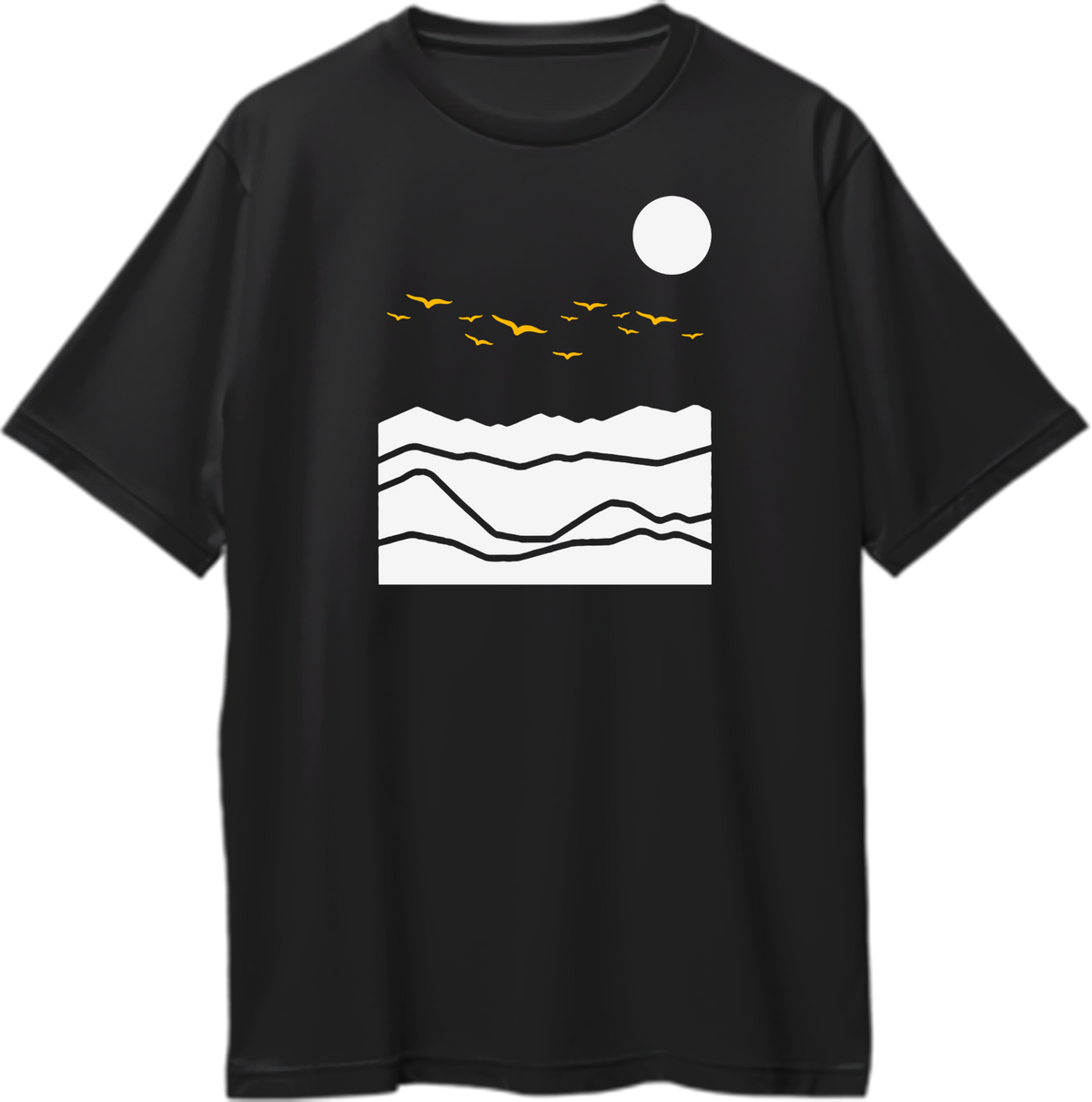 Black Mountain Birds Oversized T-Shirt by Garrari with mountain landscape, sun and flying birds travel graphic