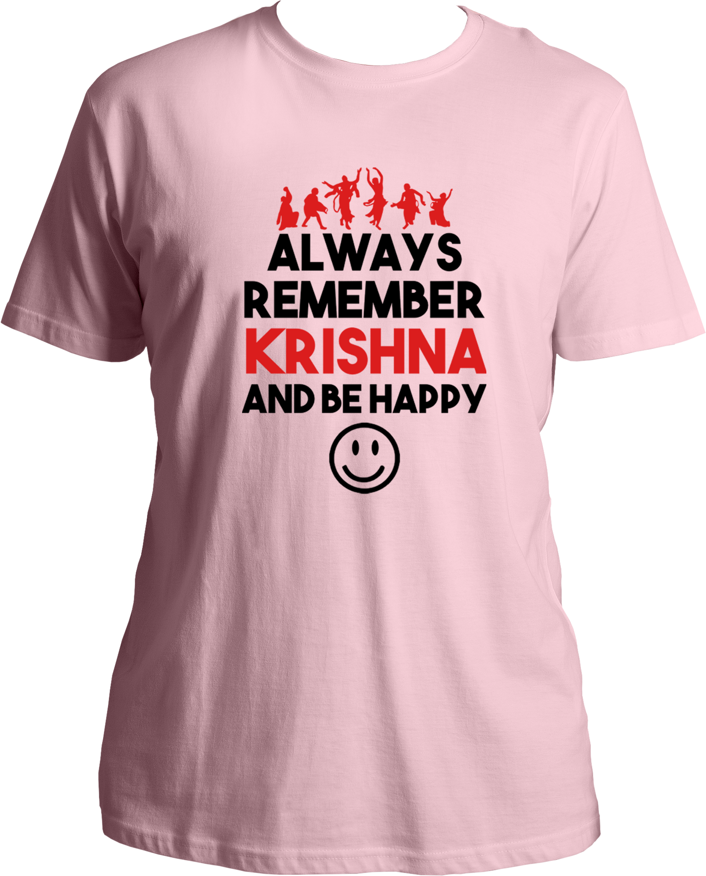 Always remember krishna and be happy. Wear this wonderful and amazing baby pink t-shirt if you love Krishna. Radhe Radhe!