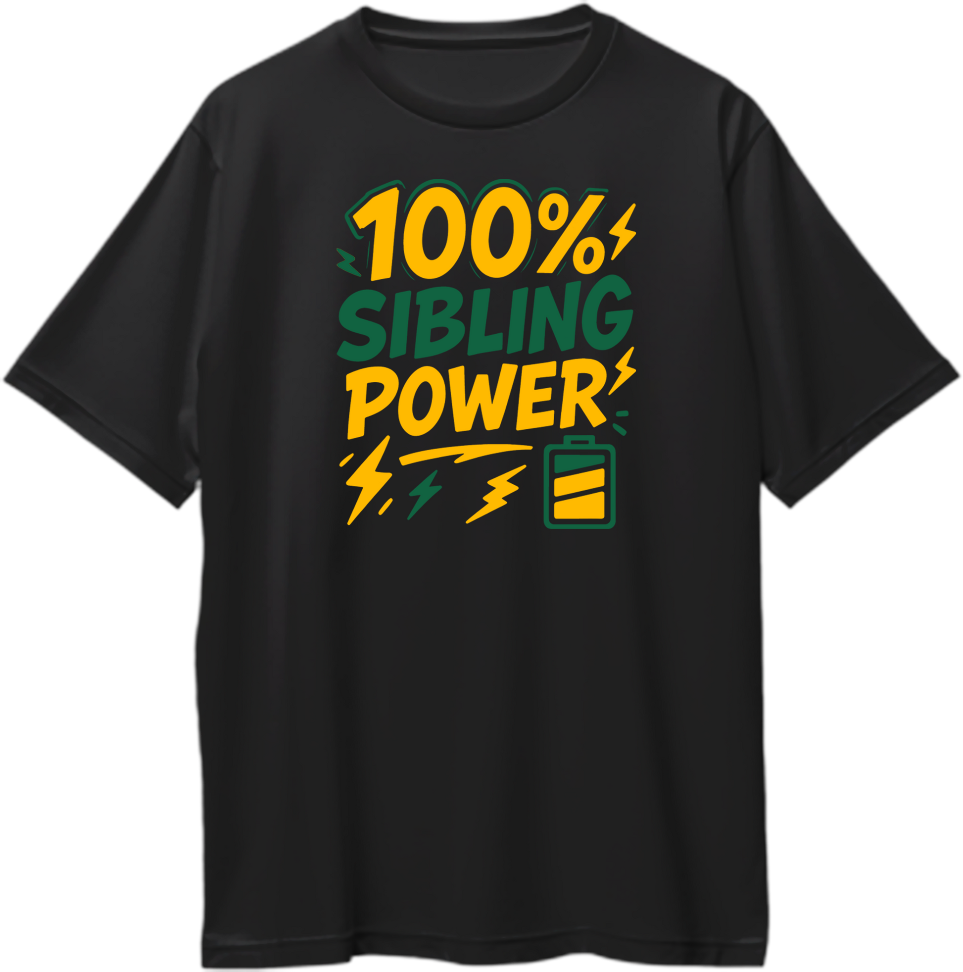 100% Sibling Power oversized black T-shirt – fun Rakhi gift for brother or sister with yellow and green comic-style print and battery icon