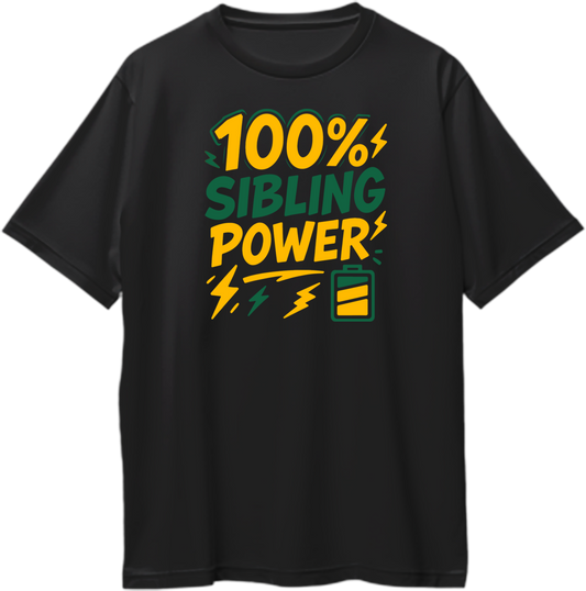 100% Sibling Power oversized black T-shirt – fun Rakhi gift for brother or sister with yellow and green comic-style print and battery icon