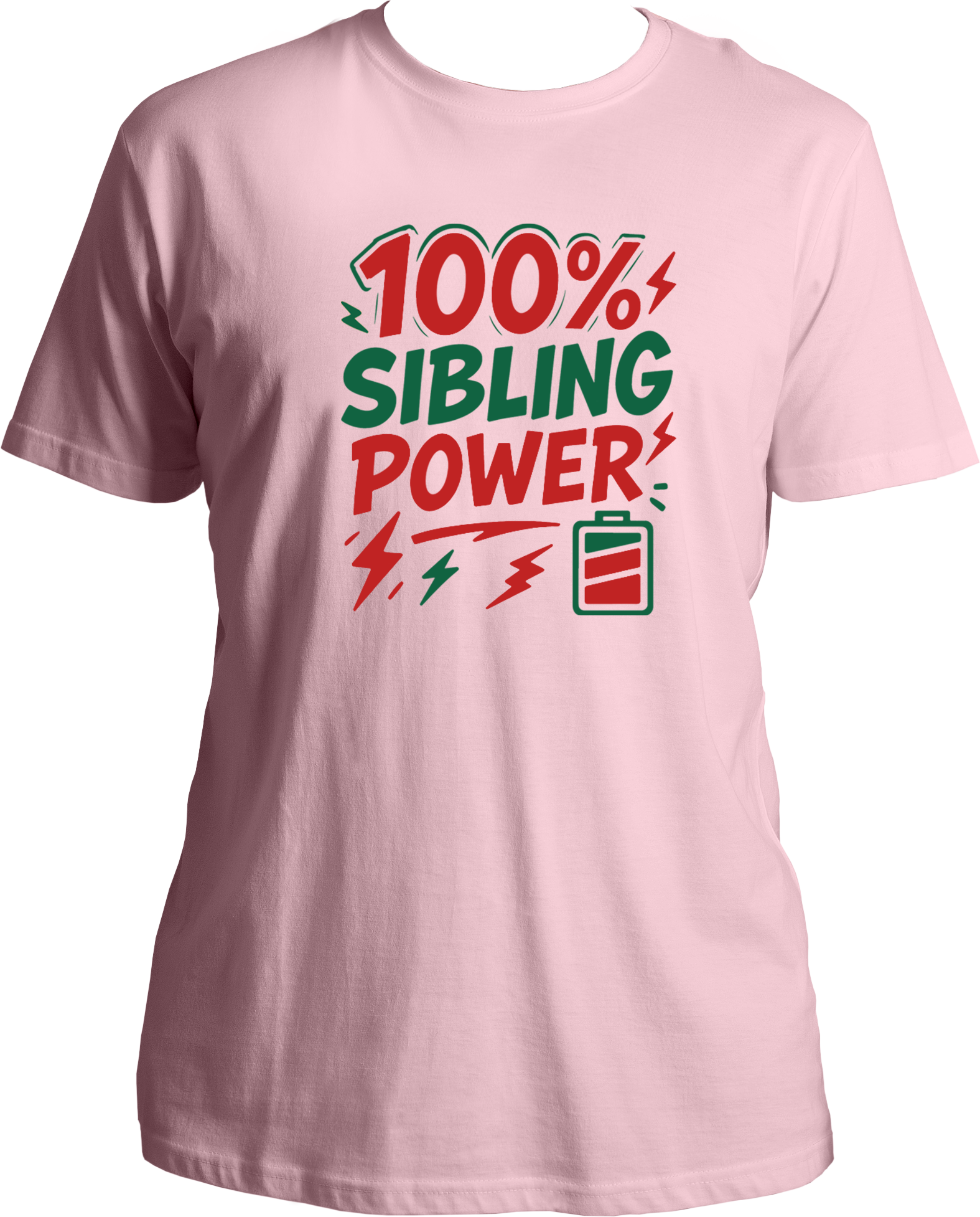 100% Sibling Power Unisex T-Shirt – pink regular fit cotton tee with comic-style battery and lightning design, perfect Rakhi gift for brother or sister