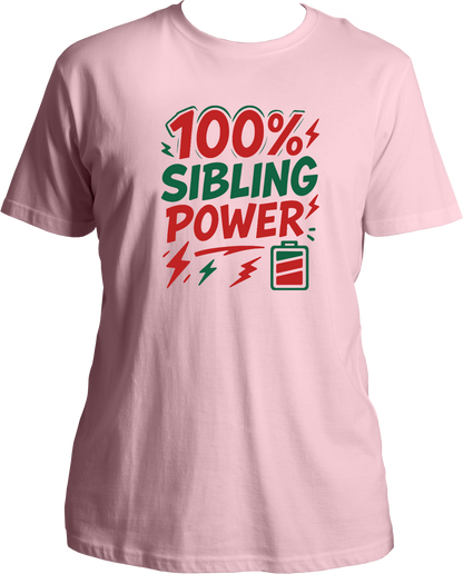 100% Sibling Power Unisex T-Shirt – pink regular fit cotton tee with comic-style battery and lightning design, perfect Rakhi gift for brother or sister
