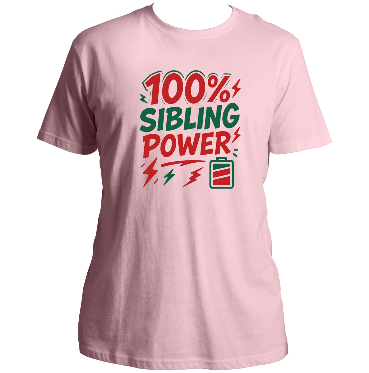 Baby Pink 100% Sibling Power Unisex T-Shirt with battery and lightning sibling graphic
