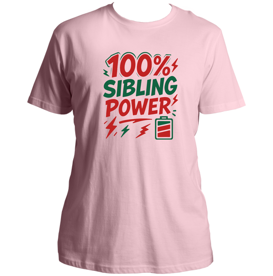 Baby Pink 100% Sibling Power Unisex T-Shirt with battery and lightning sibling graphic