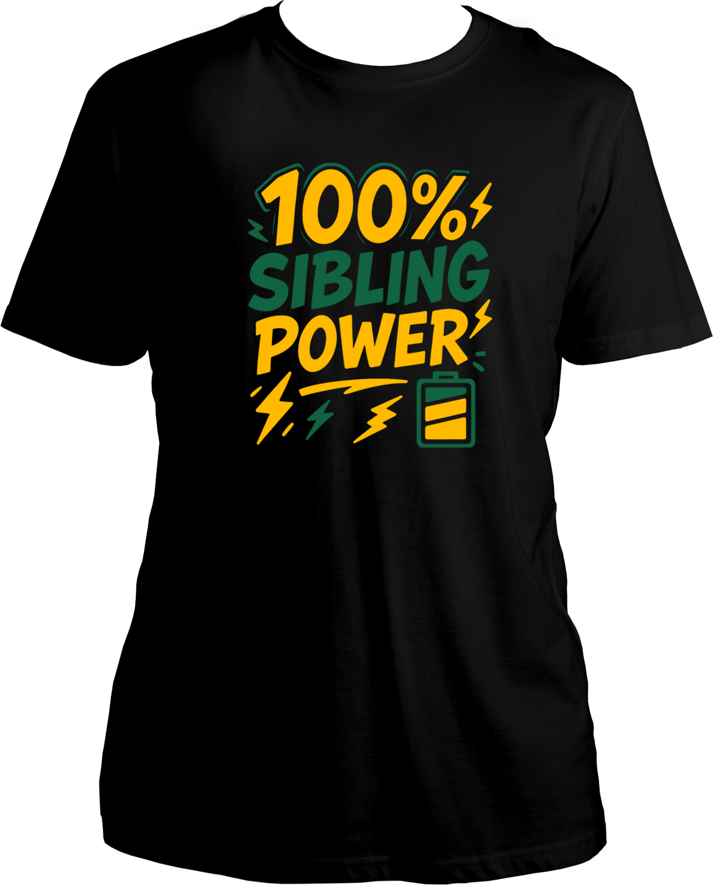 100% Sibling Power Unisex T-Shirt – black regular fit cotton tee with comic-style battery and lightning design, perfect Rakhi gift for brother or sister