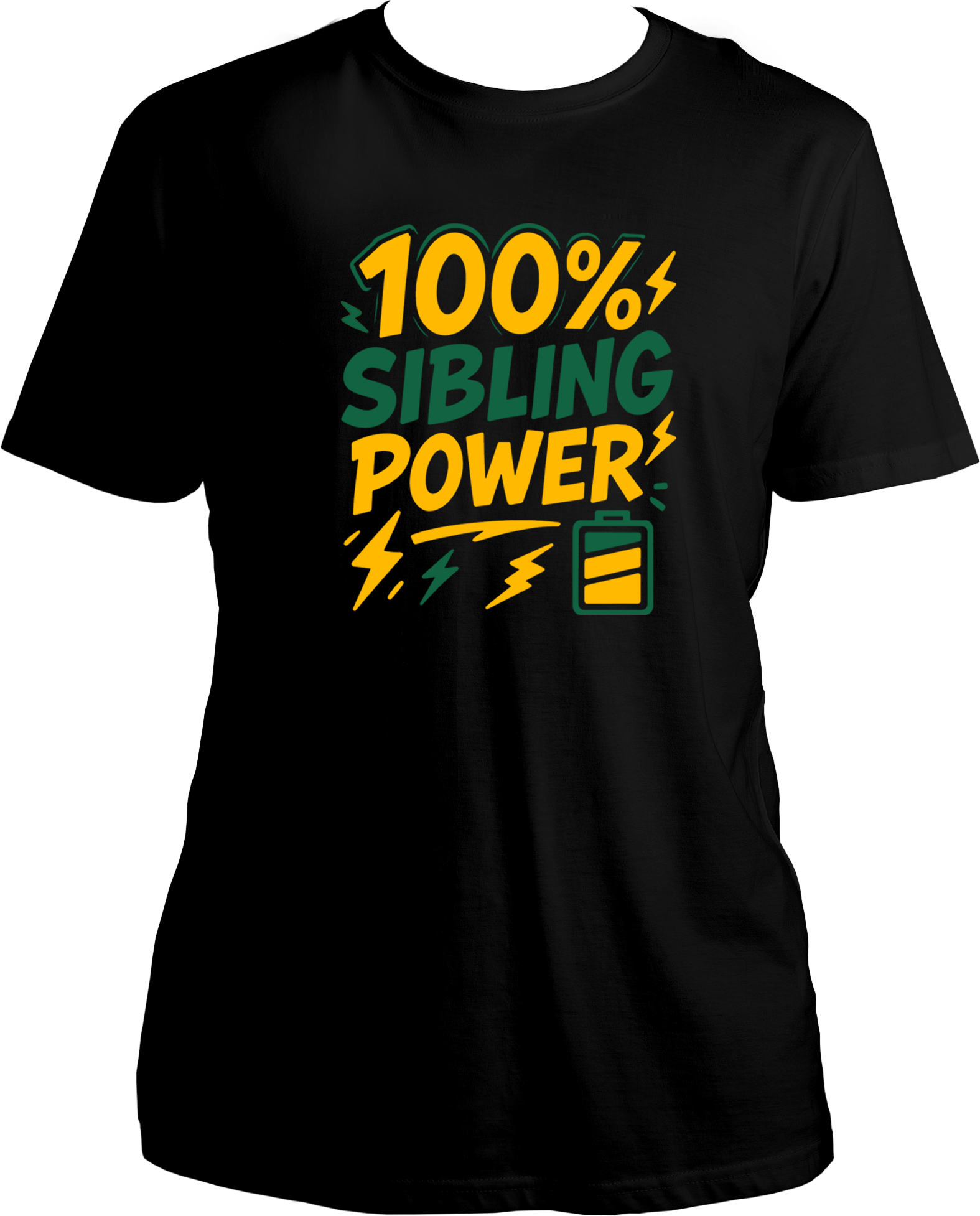100% Sibling Power Unisex T-Shirt – black regular fit cotton tee with comic-style battery and lightning design, perfect Rakhi gift for brother or sister