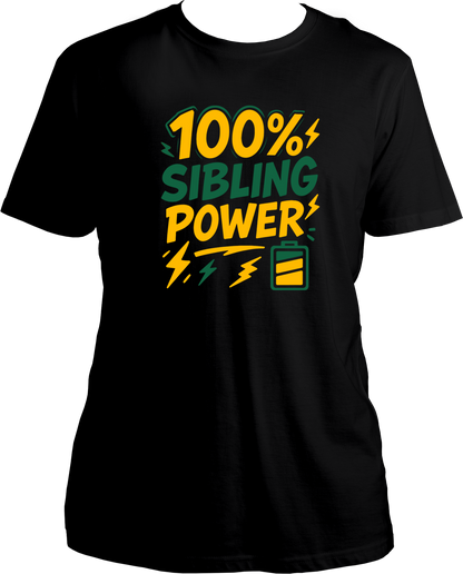 100% Sibling Power Unisex T-Shirt – black regular fit cotton tee with comic-style battery and lightning design, perfect Rakhi gift for brother or sister