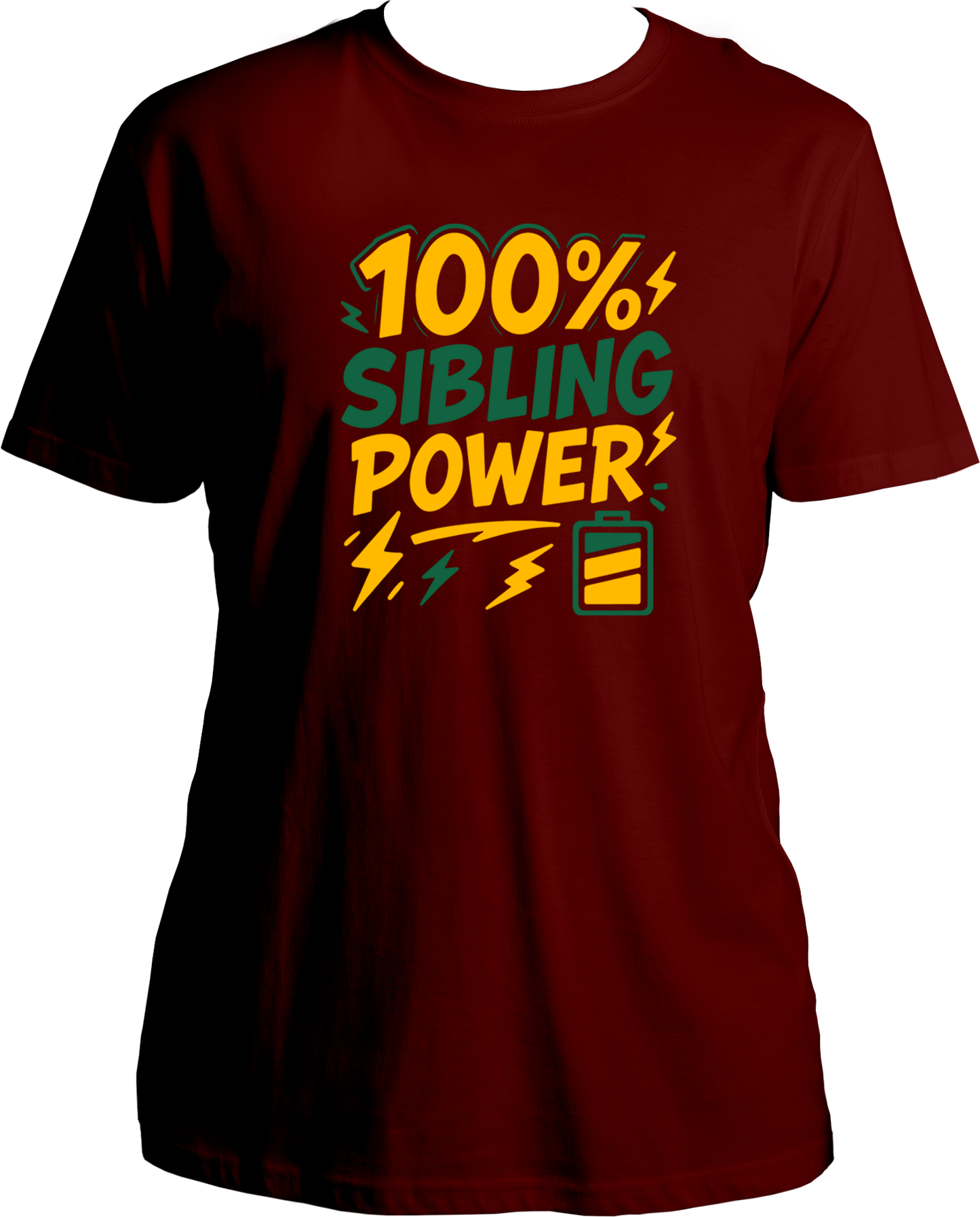 100% Sibling Power Unisex T-Shirt – maroon regular fit cotton tee with comic-style battery and lightning design, perfect Rakhi gift for brother or sister