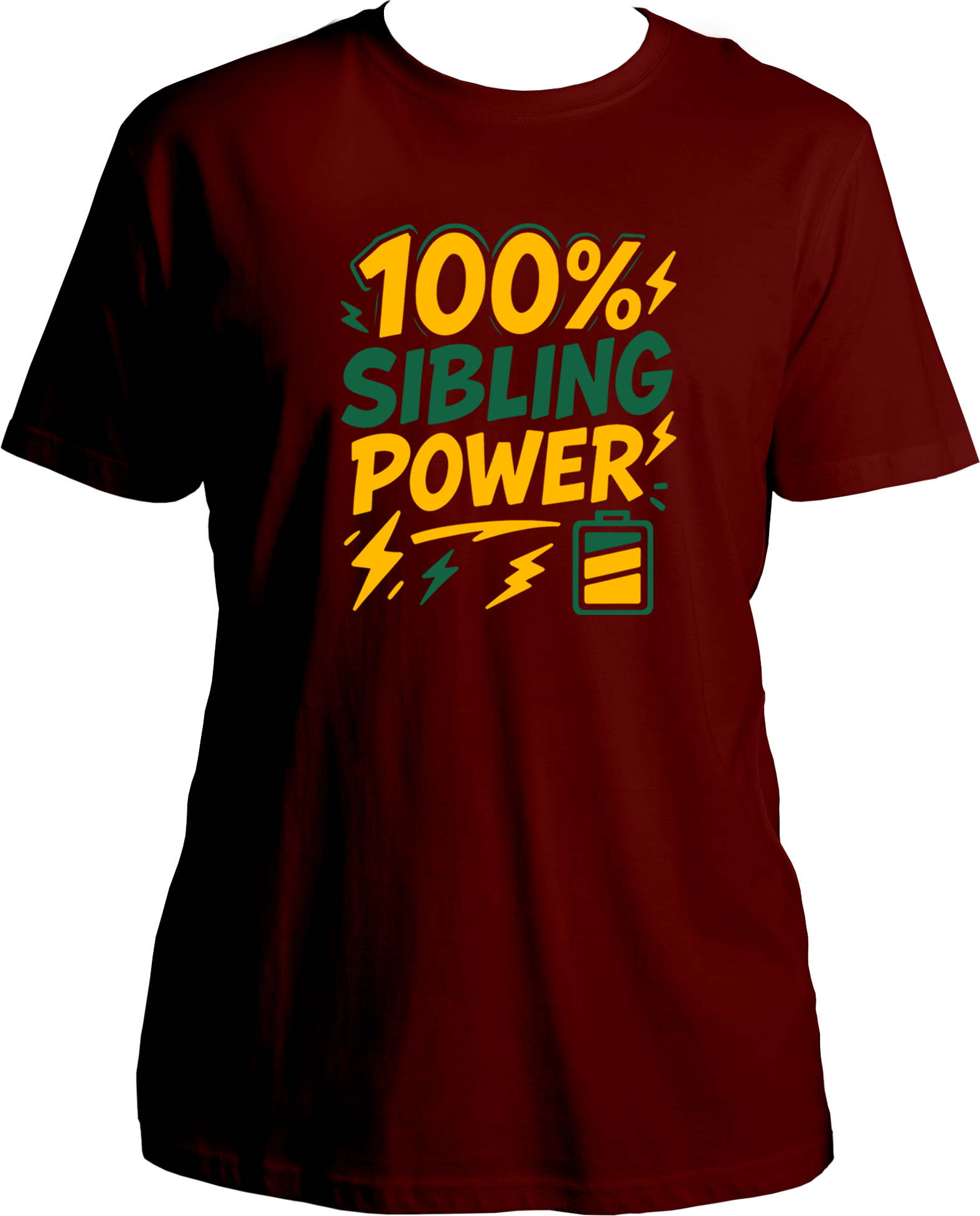 100% Sibling Power Unisex T-Shirt – maroon regular fit cotton tee with comic-style battery and lightning design, perfect Rakhi gift for brother or sister