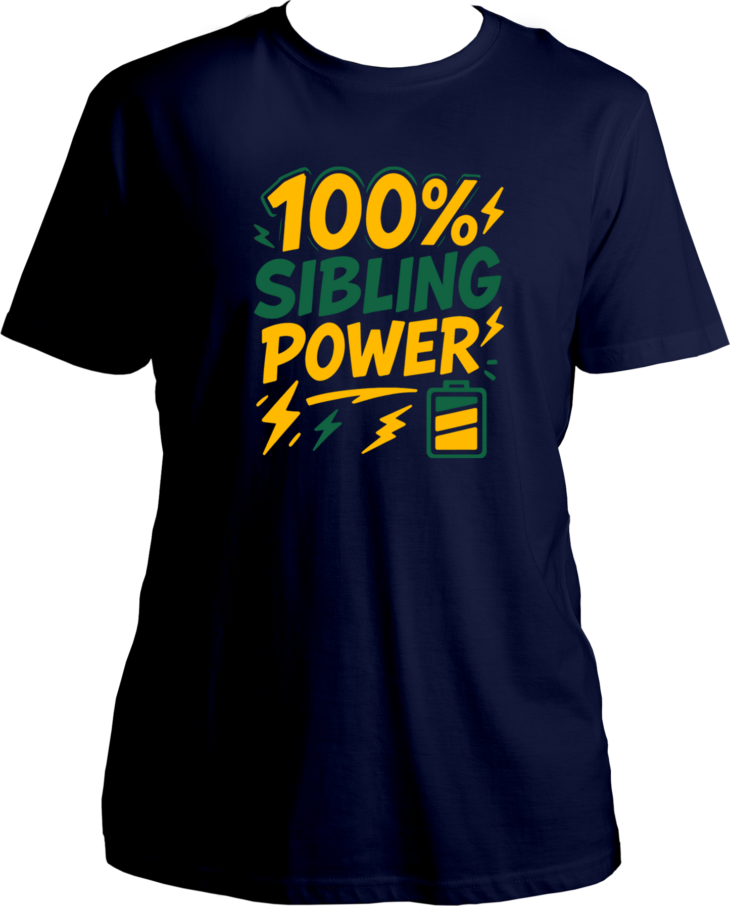 100% Sibling Power Unisex T-Shirt – navy blue regular fit cotton tee with comic-style battery and lightning design, perfect Rakhi gift for brother or sister